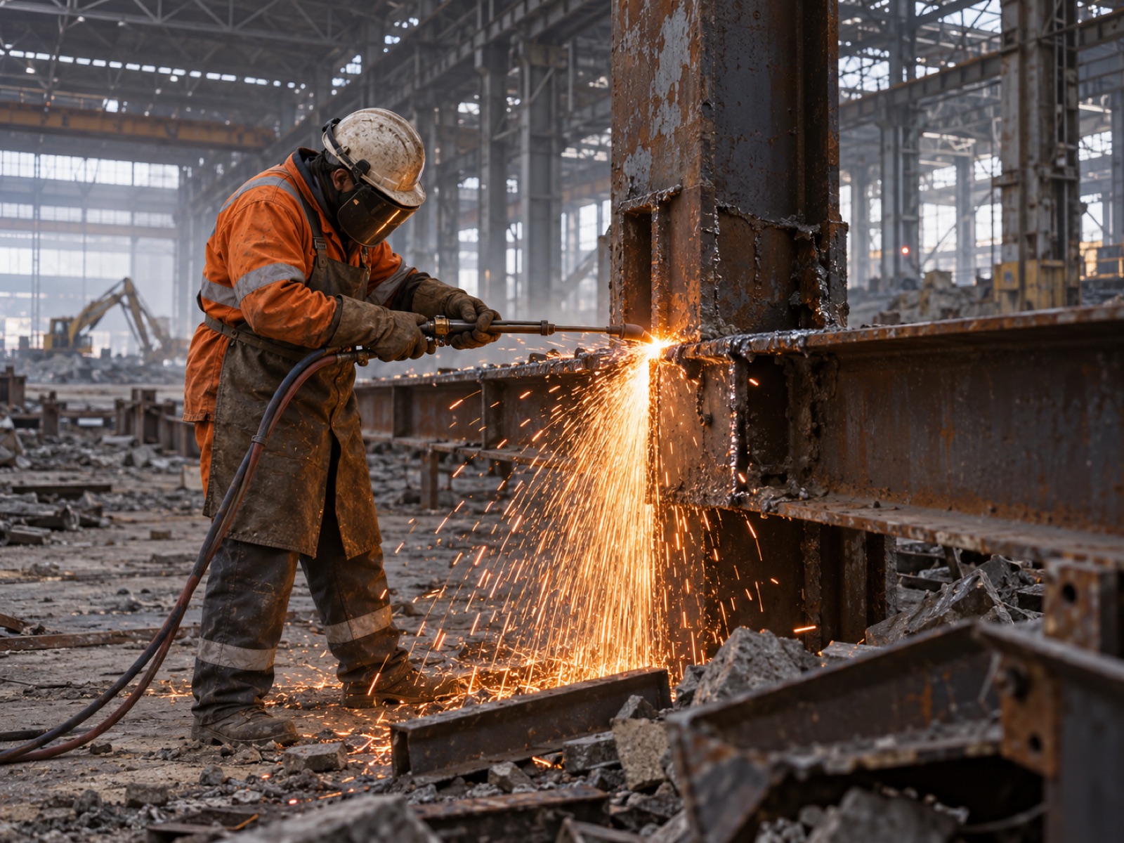 Газорезка металлической балки при демонтаже промышленной конструкции